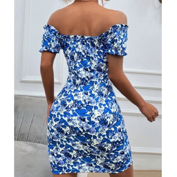 Boho Blue Floral Print Off Shoulder Bodycon Dress - Picture 10 of 11